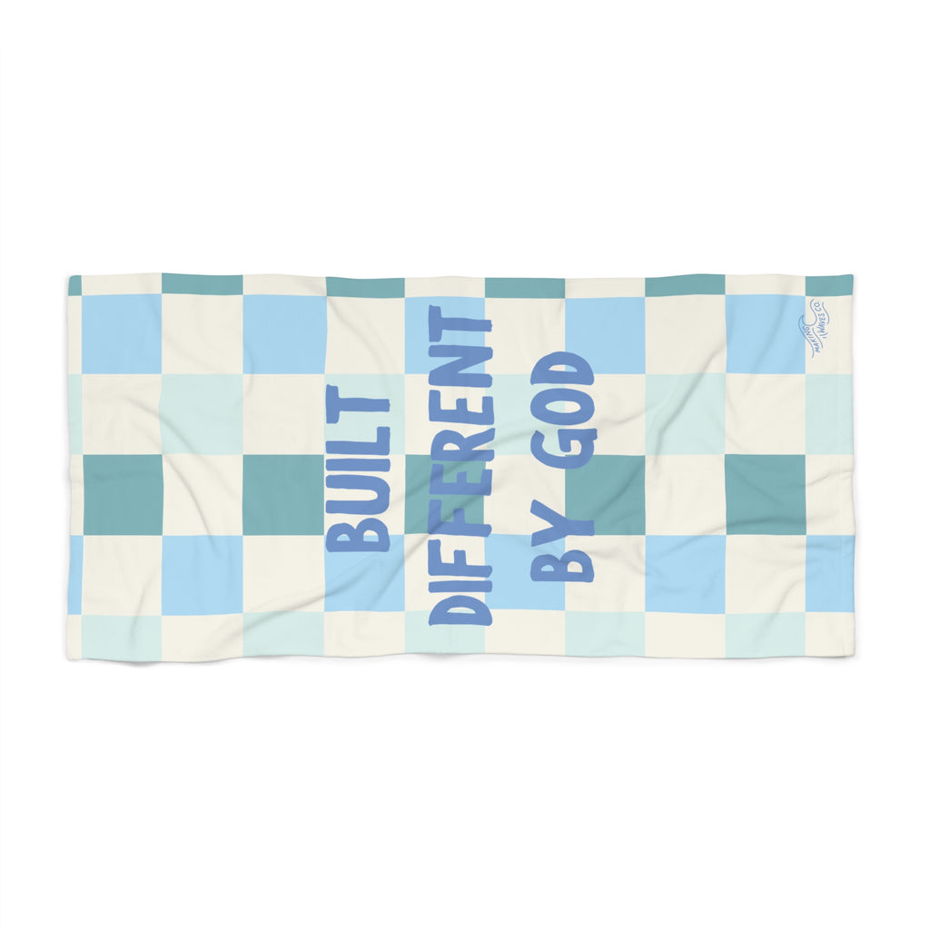 Built Different by God  — Coastal Christian Beach Towel
