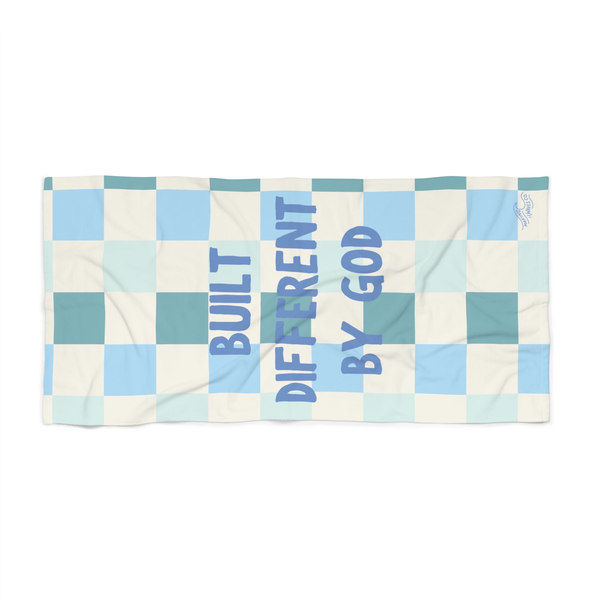Built Different by God  — Coastal Christian Beach Towel