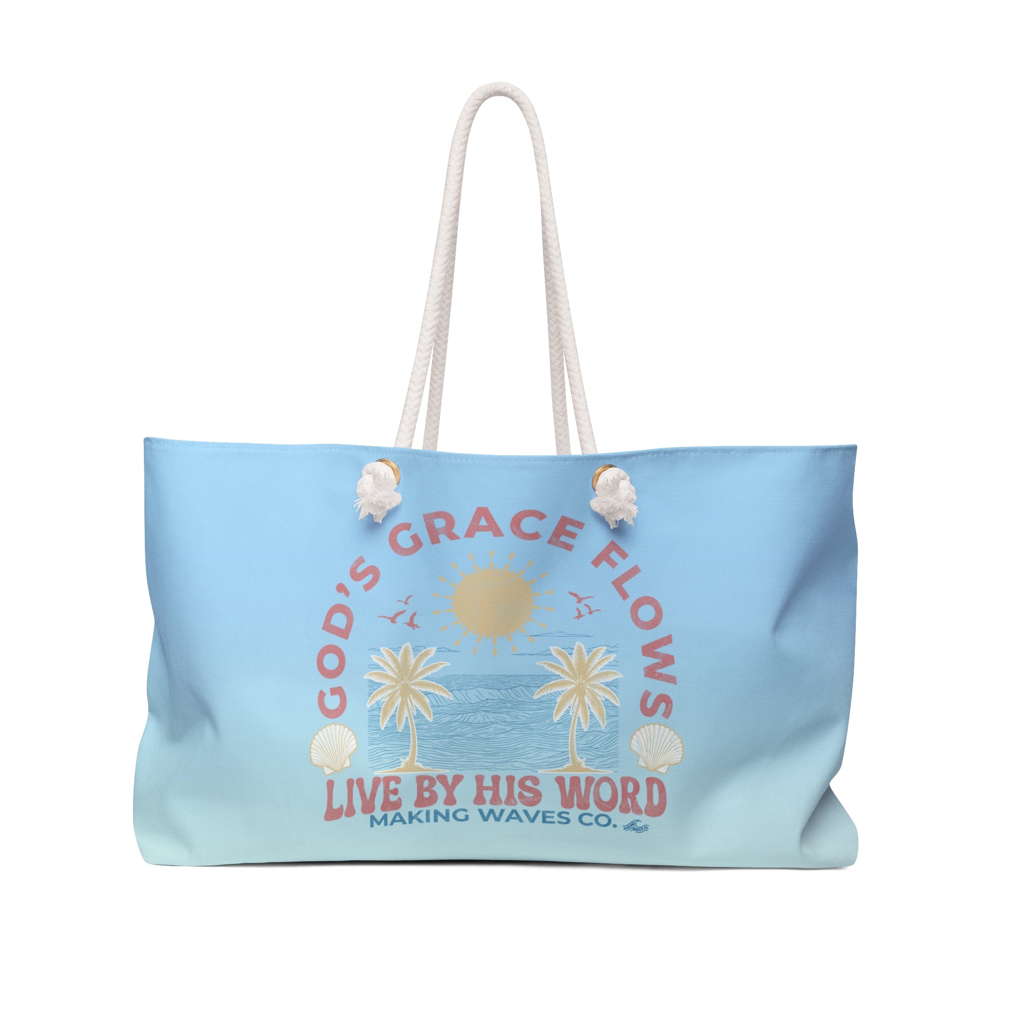 God's Grace Flows Coastal Weekender Bag — Oversized Faith Tote ("live by his word")