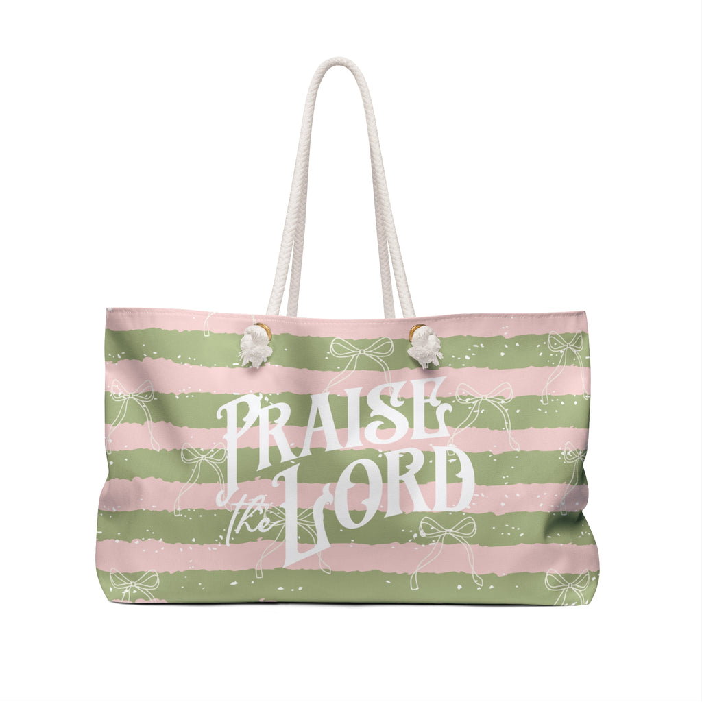 Praise the Lord Weekender Bag — Pink & Olive Striped Christian Travel Tote