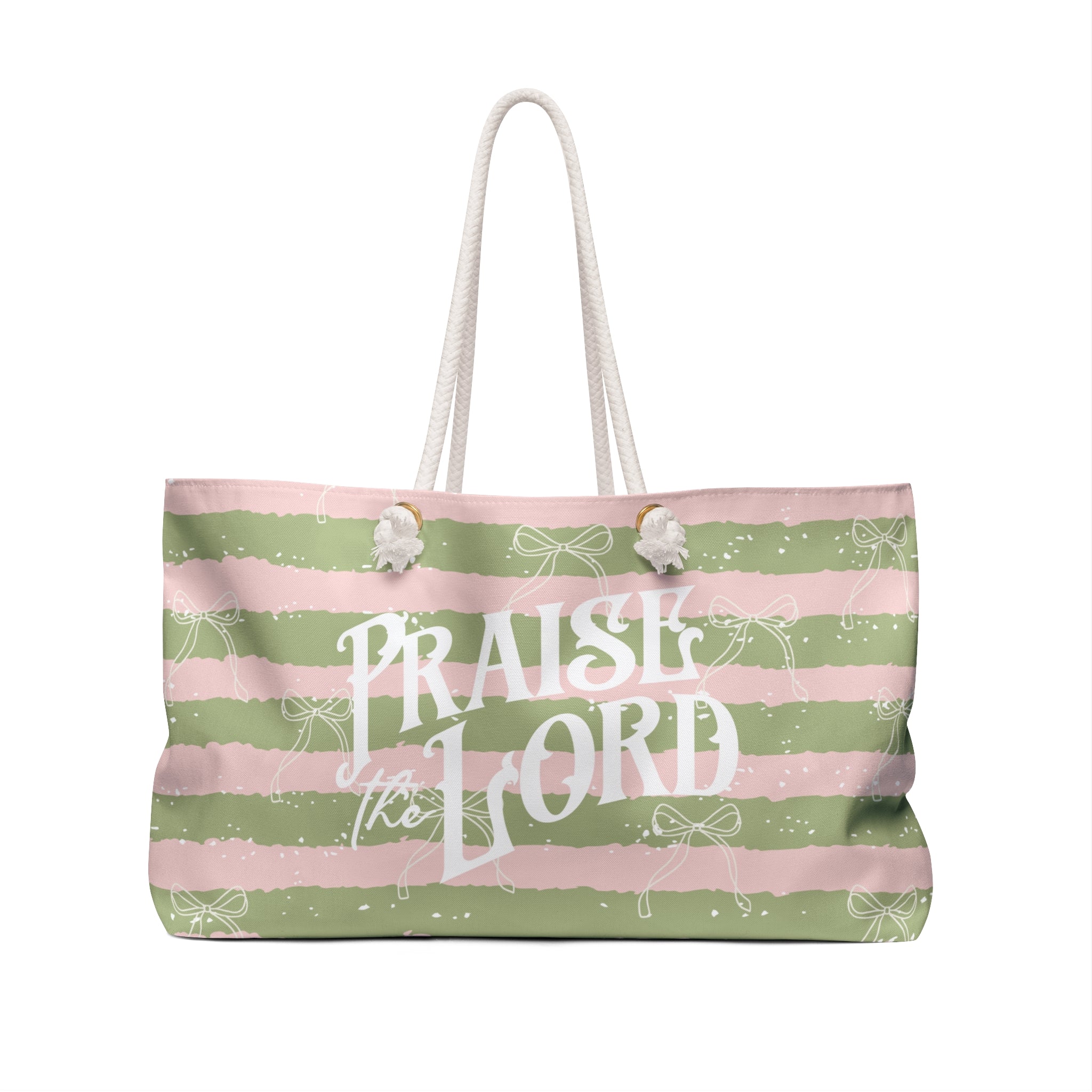 Praise the Lord Weekender Bag — Pink & Olive Striped Christian Travel Tote