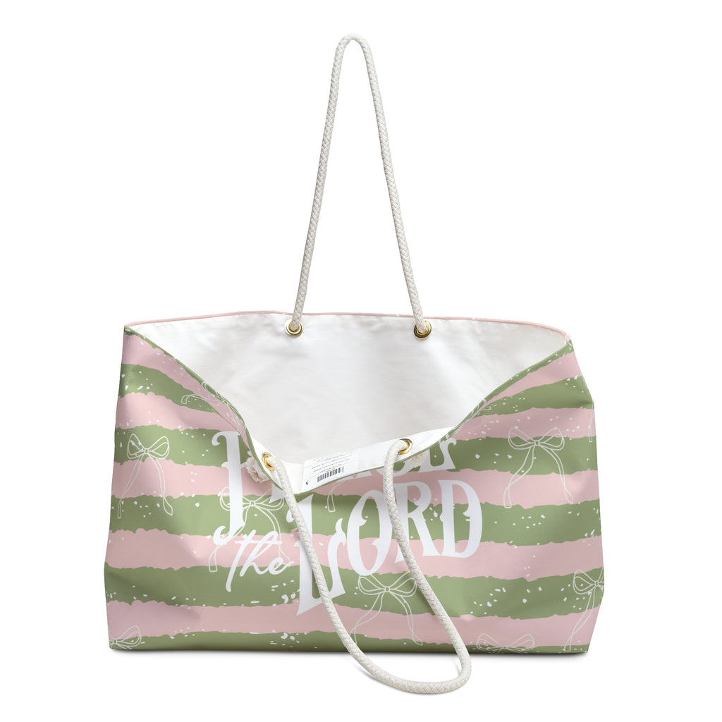 Praise the Lord Weekender Bag — Pink & Olive Striped Christian Travel Tote