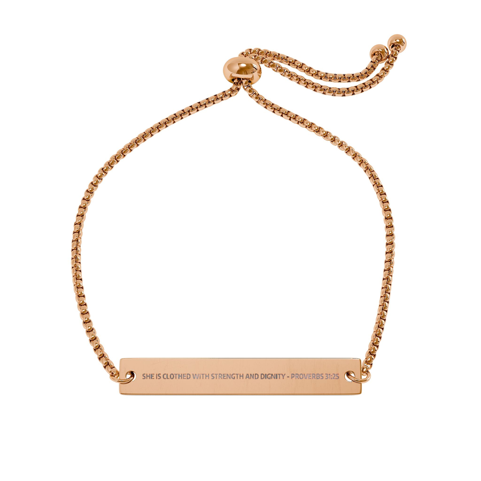 Engraved Adjustable Bar Bracelet — “She is clothed with strength and dignity” (Proverbs 31:25)