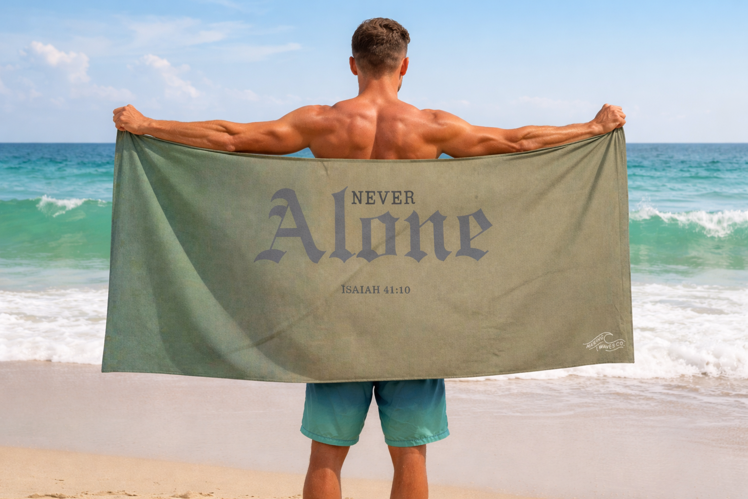 Never Alone Beach Towel — Christian Faith Coastal Towel