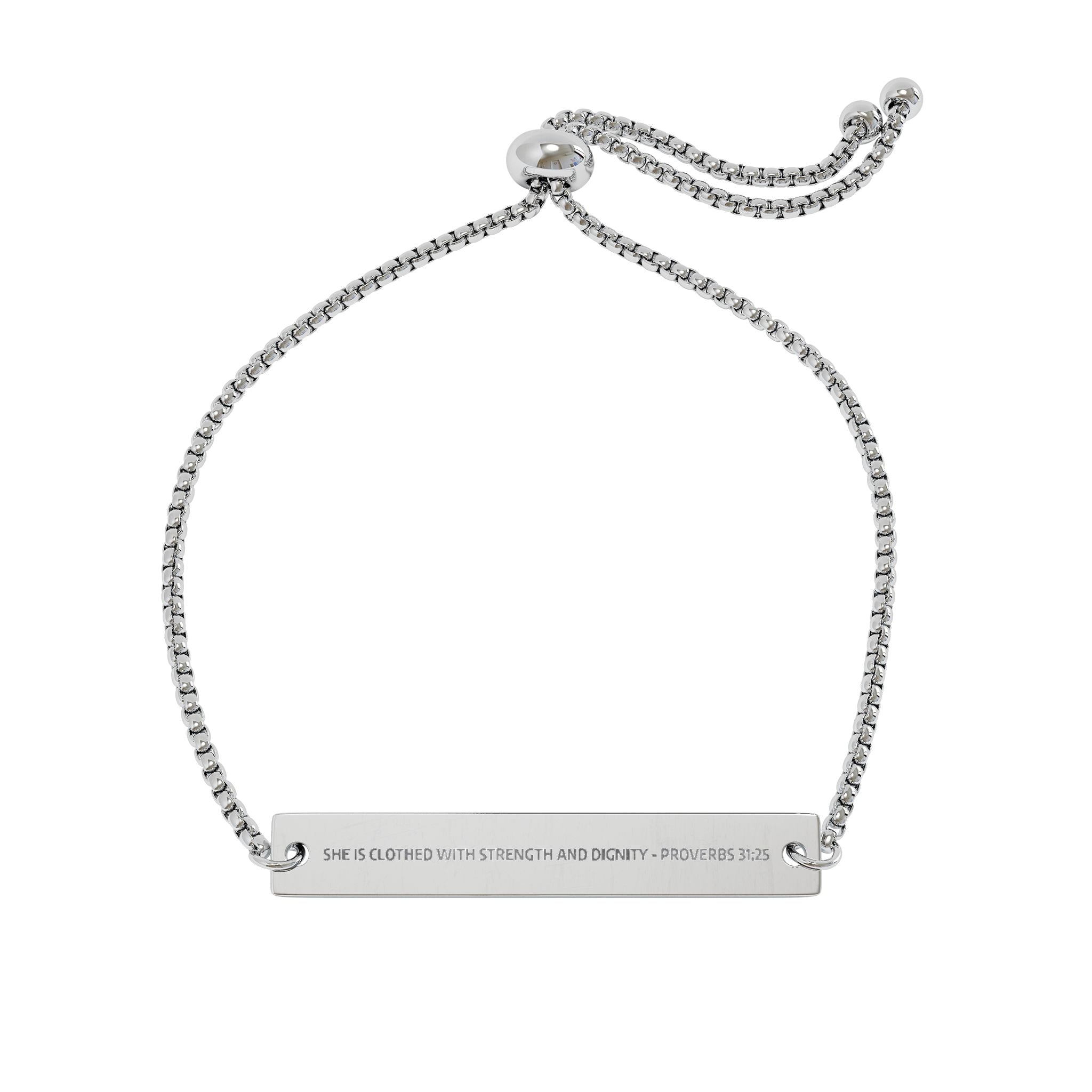 Engraved Adjustable Bar Bracelet — “She is clothed with strength and dignity” (Proverbs 31:25)