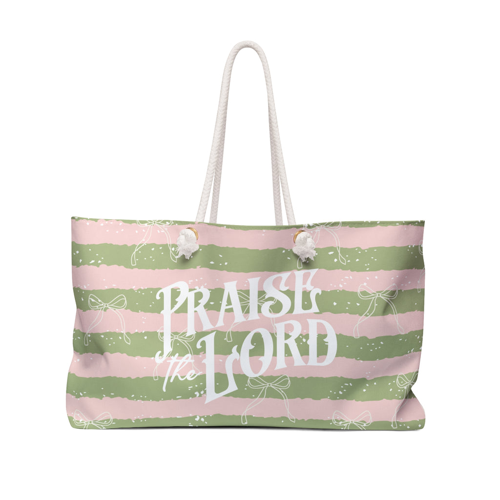 Praise the Lord Weekender Bag — Pink & Olive Striped Christian Travel Tote