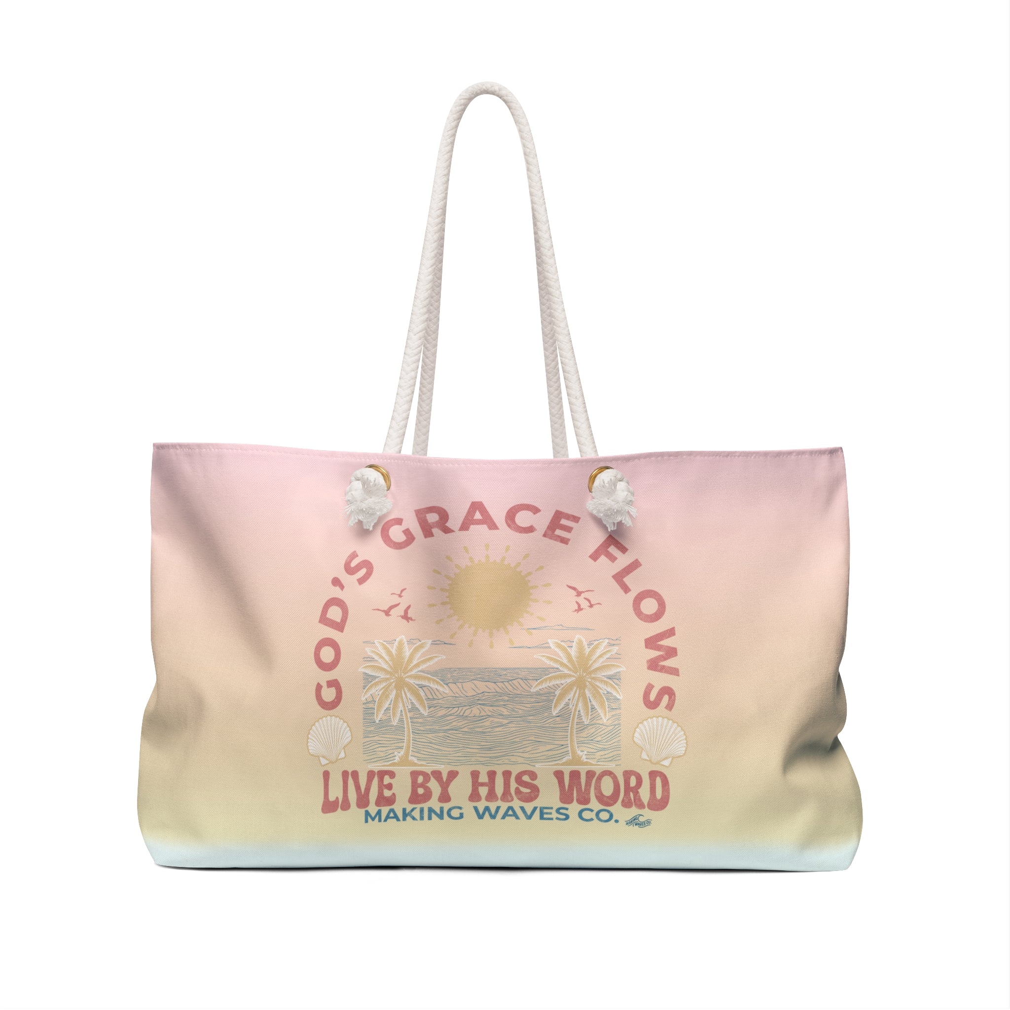 God's Grace Flows Coastal Weekender Bag — Oversized Faith Tote ("live by his word")